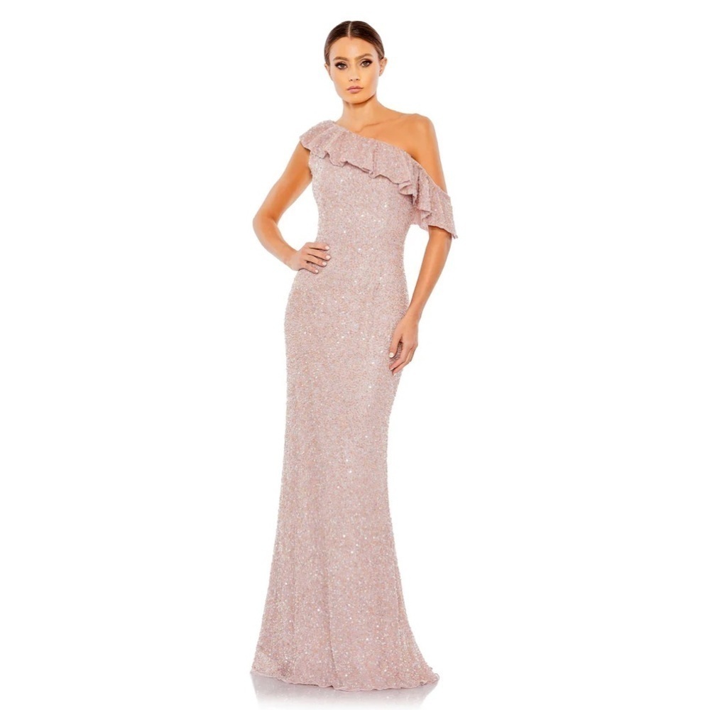 Mac Duggal Blush One-Shoulder Sequin Ruffle Gown